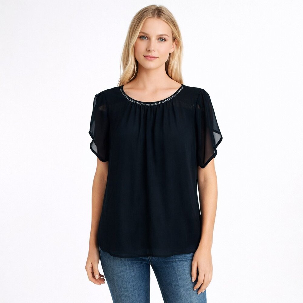 2/$30 New York & Company Semi Sheer Flutter Sleeve Blouse Black Medium #A1169